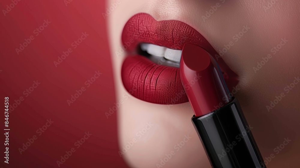 Obraz premium closeup of red lipstick with woman's lips for beauty and cosmetic concept, 16:9