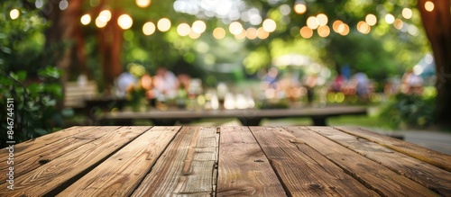Wooden table without anything on it with a blurred garden party scene in the background. photo