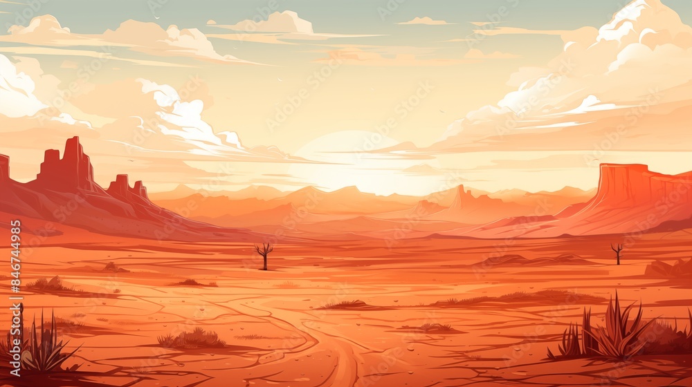 Naklejka premium Breathtaking Sunset Over an Expansive Desert Landscape