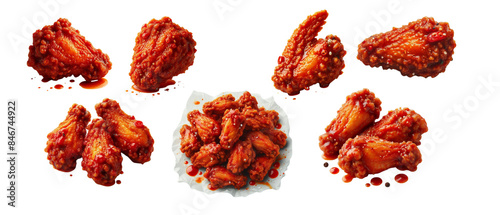 Set of spicy fried chicken wings with a crispy, red-hued coating, glistening with a hint of hot sauce