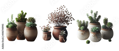 Set of small ornamental plants potted in earthy brown vessels isolated 