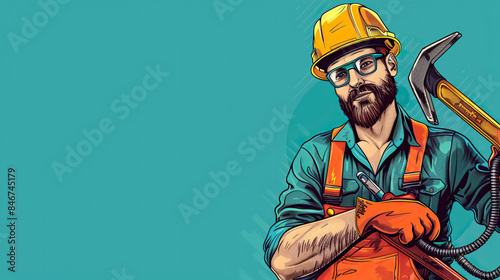 Worker with a drill worker with a pencil carpenter with a saw in a cartoon style with tags worker construction work repairman helmet tool vector builder illustration equipment person occupation people