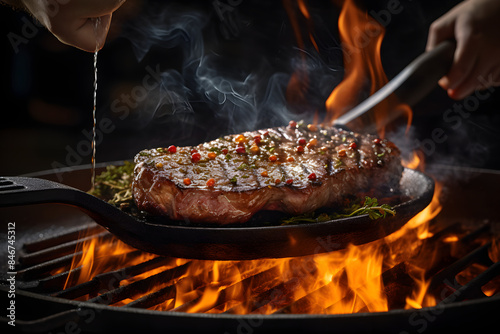 Close-up of a chefs hands searing a gourmete   Generative Ai, photo