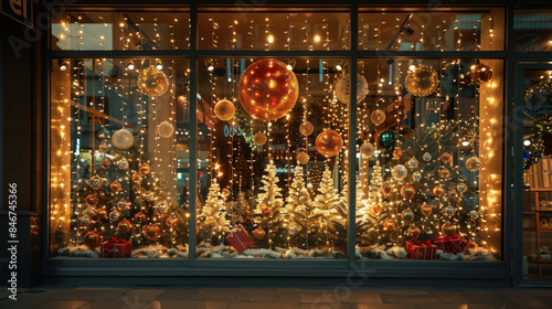 Christmas Evening Window Display with Festive Lights