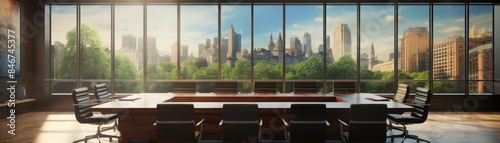 Modern conference room with large window view of city skyline, sleek furniture, and abundant natural light, ideal for meetings and presentations.