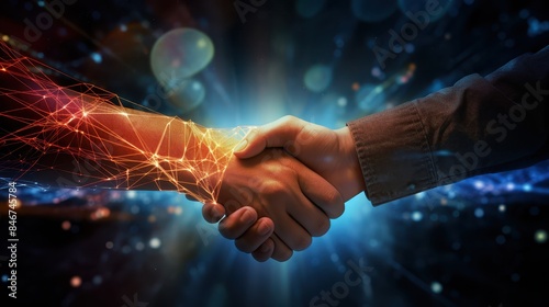 Two hands shaking with a digital, futuristic glow. Concept of partnership, technology, and collaboration in a high-tech environment.