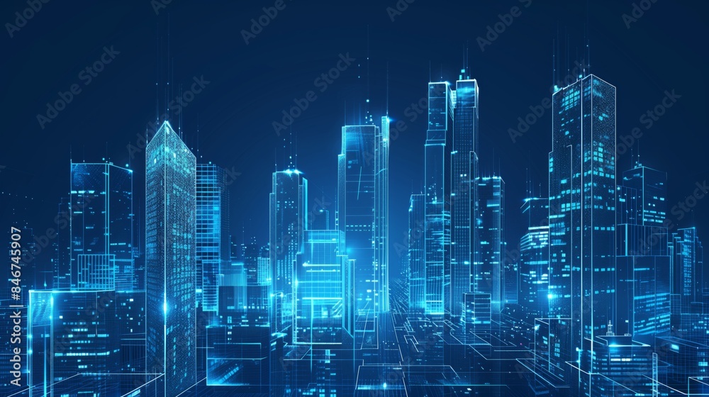 Modern Cityscape with Skyscrapers and Glass Buildings in Blue Shades Symbolizing Innovation and Technology. Representation of Digital Transformation in Real Estate Modern Cityscape with Skyscrapers and Glass Buildings in Blue Shades Symbolizing Innovation and Technology. Representation of Digital Transformation in Real Estate