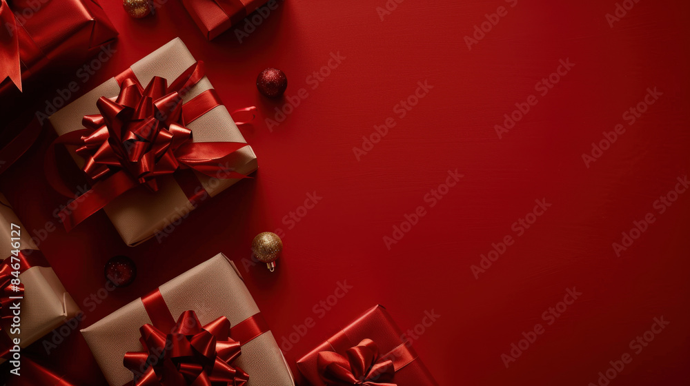 Christmas Presents in Evening Light on Red Background Christmas Presents in Evening Light on Red Background