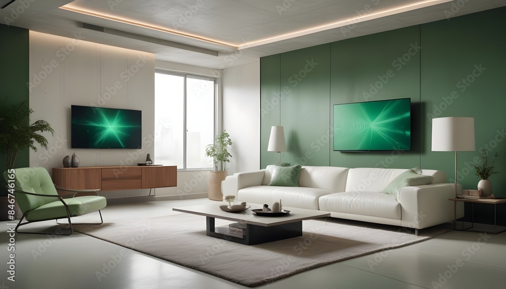 High end modern living room with white leather couch and a large flat screen tv mounted on the wall, brutalist architecture mixed with modern futuristic minimal design High end modern living room with white leather couch and a large flat screen tv mounted on the wall, brutalist architecture mixed with modern futuristic minimal design
