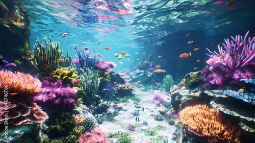 Fototapeta Naklejka Na Ścianę i Meble -  Beautiful underwater scenery with various types of fish and coral reefs Generative AI
