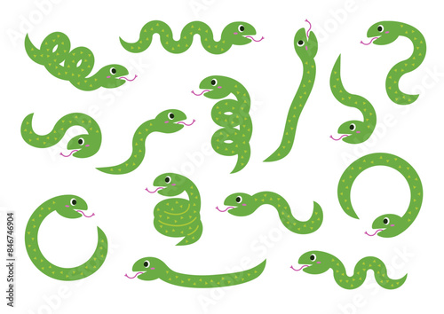 かわいい緑色の蛇のイラストセット