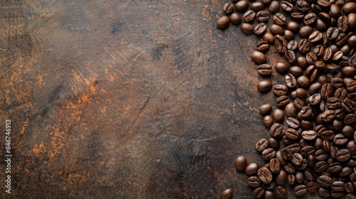 Coffee beans on rustic table with space for text