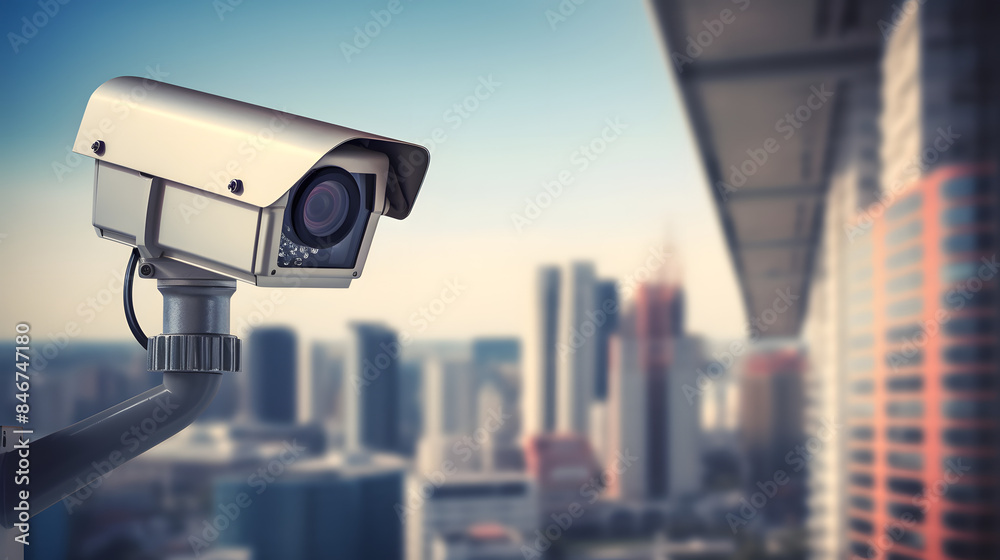 CCTV security camera in a city with business building on background CCTV security camera in a city with business building on background