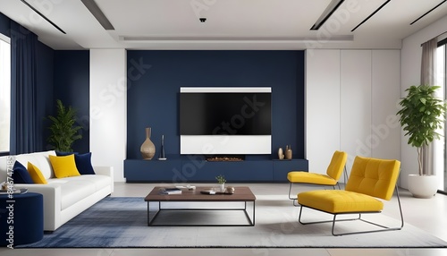 High end modern living room with white leather couch and a large flat screen tv mounted on the wall, brutalist architecture mixed with modern futuristic minimal design