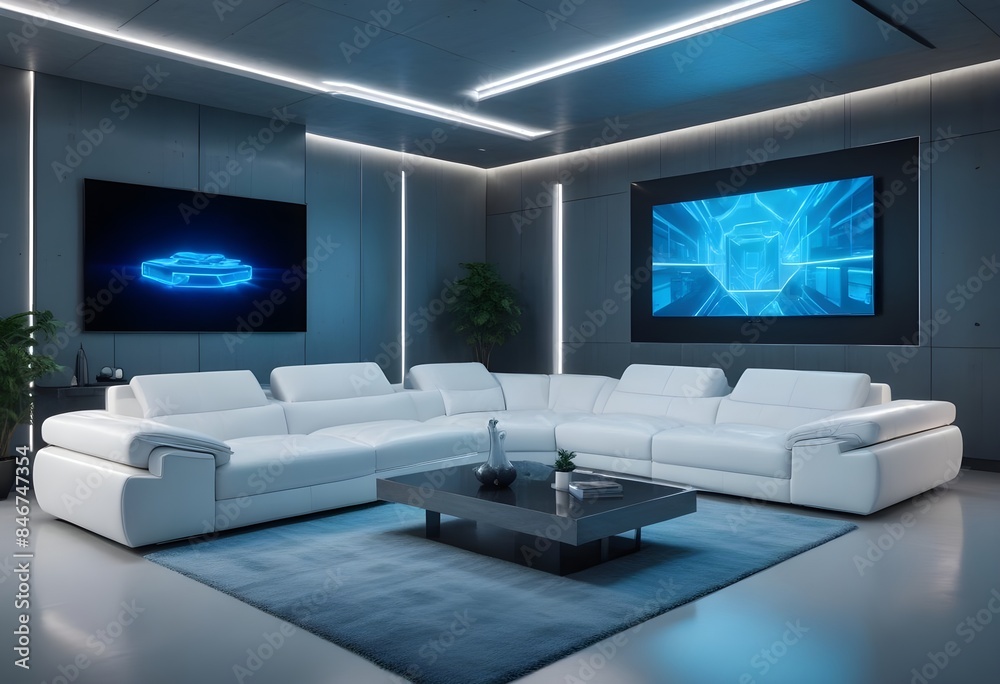 High end modern living room with white leather couch and a large flat screen tv mounted on the wall, brutalist architecture mixed with modern futuristic minimal design High end modern living room with white leather couch and a large flat screen tv mounted on the wall, brutalist architecture mixed with modern futuristic minimal design