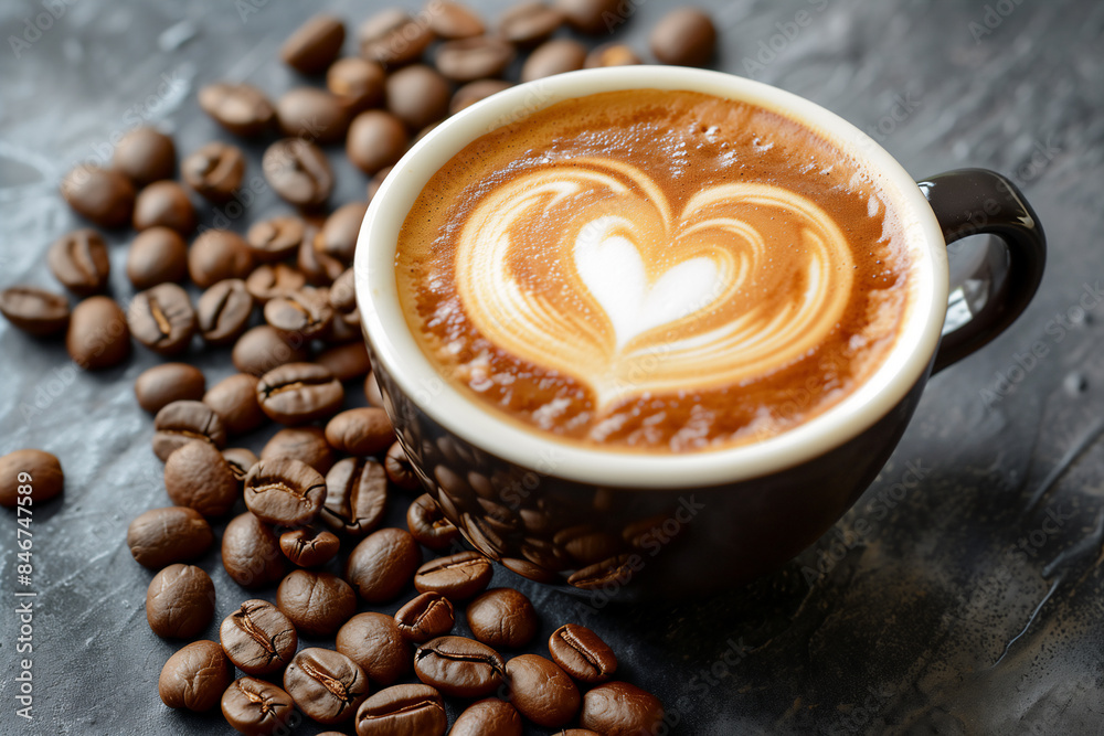 Cup of coffee latte with heart shape and coffee beans Cup of coffee latte with heart shape and coffee beans