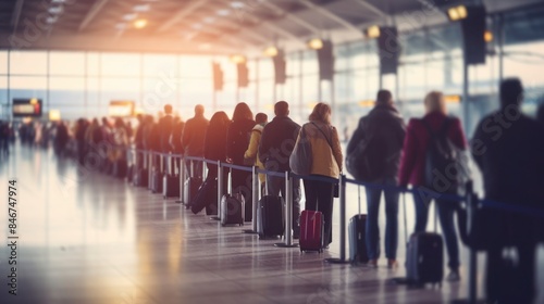 Group of people standing in long queue at passport control in airport