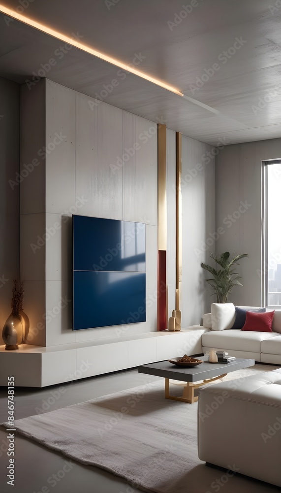 High end modern living room with white leather couch and a large flat screen tv mounted on the wall, brutalist architecture mixed with modern futuristic minimal design High end modern living room with white leather couch and a large flat screen tv mounted on the wall, brutalist architecture mixed with modern futuristic minimal design