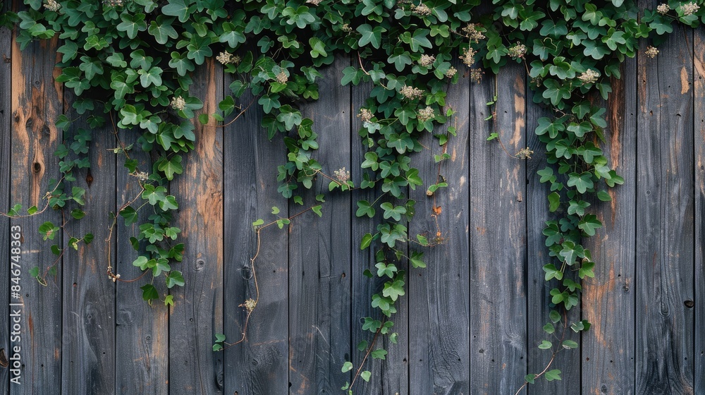 Ancient wooden wall covered with climbing plants on gray background Ancient wooden wall covered with climbing plants on gray background