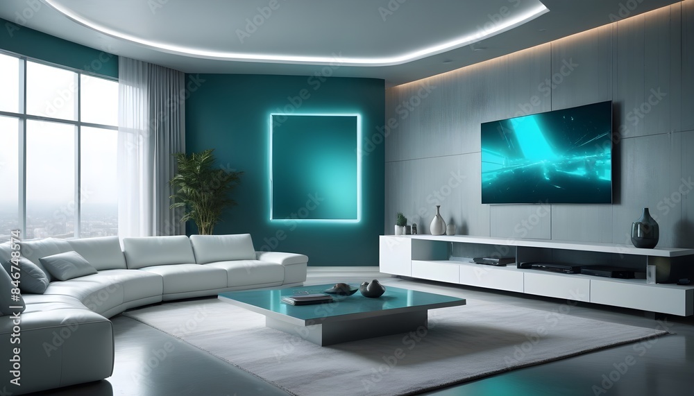High end modern living room with white leather couch and a large flat screen tv mounted on the wall, brutalist architecture mixed with modern futuristic minimal design High end modern living room with white leather couch and a large flat screen tv mounted on the wall, brutalist architecture mixed with modern futuristic minimal design