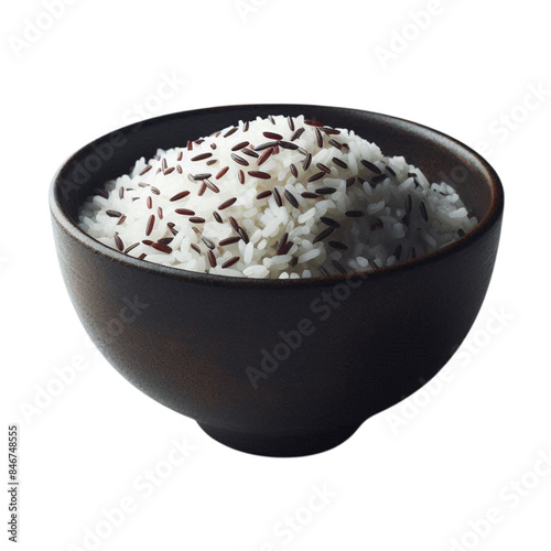 close-up shot of a dark bowl with Steamed rice isolated on transparent