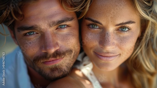Intimate close-up of a couple showcasing their striking blue eyes and joyful expressions