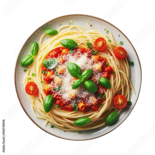 A perfectly cooked plate of spaghetti with marinara sauce, garnished with fresh basil leaves and Parmesan cheese  photo