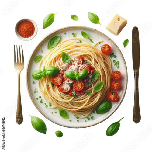 A perfectly cooked plate of spaghetti with marinara sauce, garnished with fresh basil leaves and Parmesan cheese 