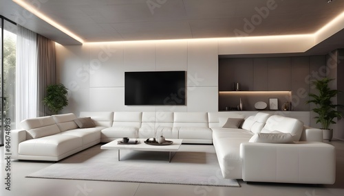 High end modern living room with white leather couch and a large flat screen tv mounted on the wall, brutalist architecture mixed with modern futuristic minimal design