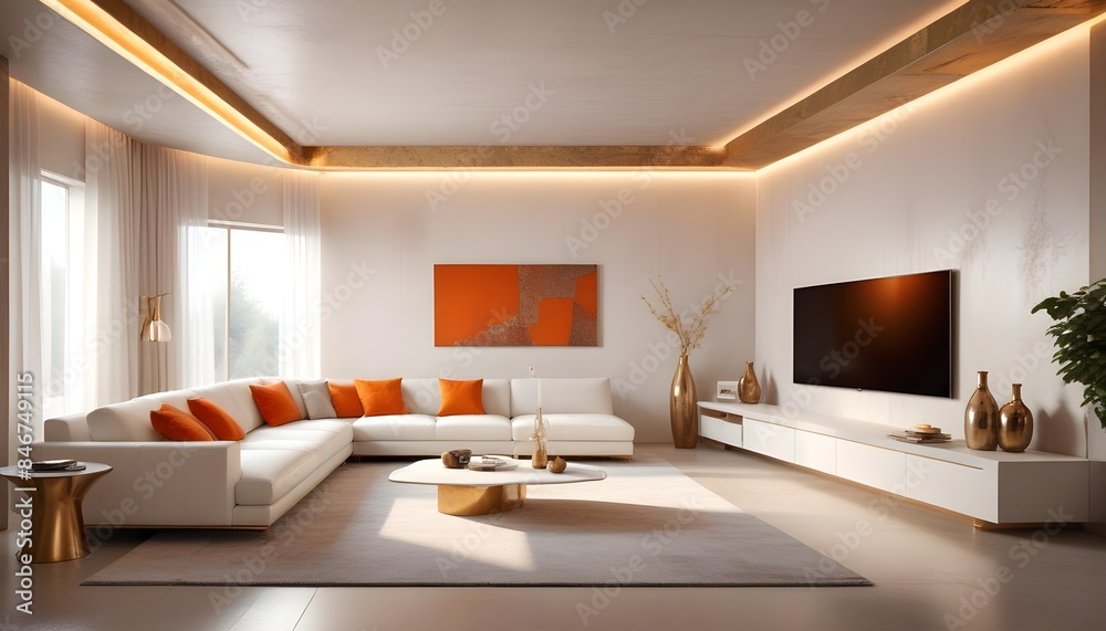 High end modern living room with white leather couch and a large flat screen tv mounted on the wall, brutalist architecture mixed with modern futuristic minimal design High end modern living room with white leather couch and a large flat screen tv mounted on the wall, brutalist architecture mixed with modern futuristic minimal design