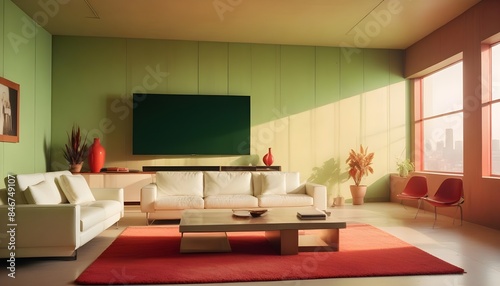 High end modern living room with white leather couch and a large flat screen tv mounted on the wall, brutalist architecture mixed with modern futuristic minimal design