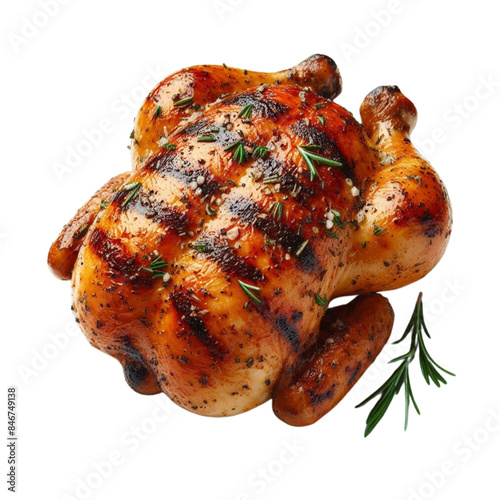 A perfectly grilled chicken, lightly seasoned with herbs isolated on transparent
