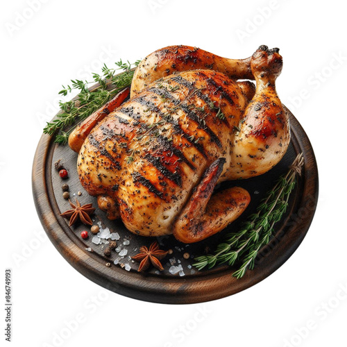 A perfectly grilled chicken, lightly seasoned with herbs isolated on transparent