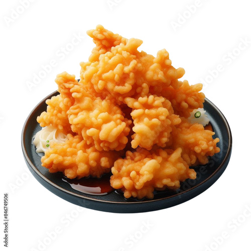 A plate of tempura fried chicken, featuring a light and airy batter that is golden and crisp isolated