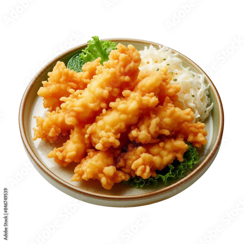 A plate of tempura fried chicken, featuring a light and airy batter that is golden and crisp isolated
