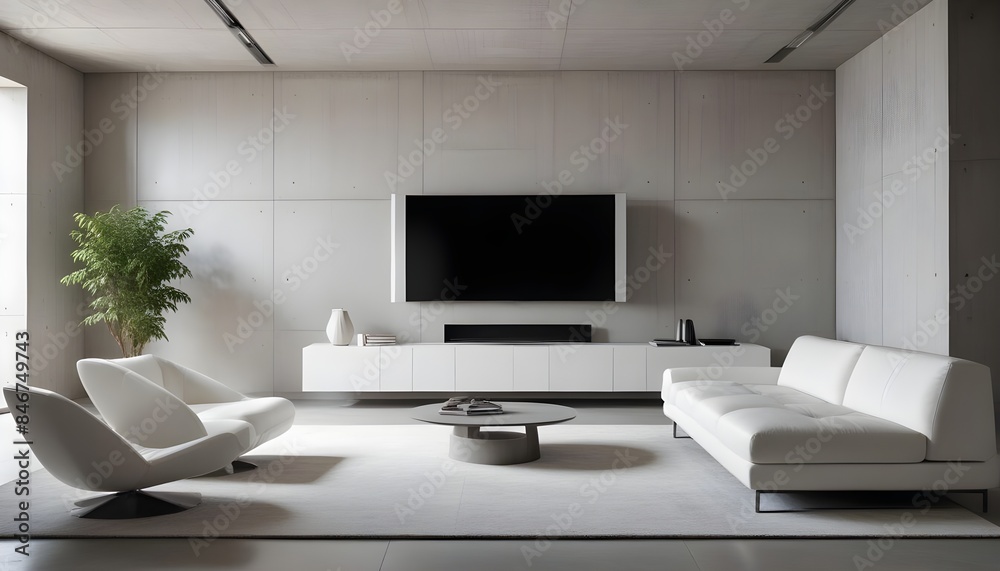High end modern living room with white leather couch and a large flat screen tv mounted on the wall, brutalist architecture mixed with modern futuristic minimal design High end modern living room with white leather couch and a large flat screen tv mounted on the wall, brutalist architecture mixed with modern futuristic minimal design