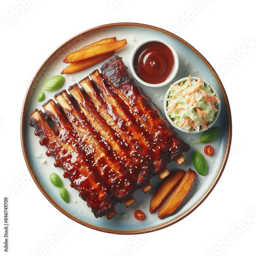 A rack of succulent, glazed pork ribs coated in a rich barbecue sauce, served with a side of coleslaw
