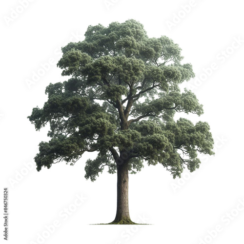 A tall, lush evergreen oak tree with a wide canopy isolated on transparent