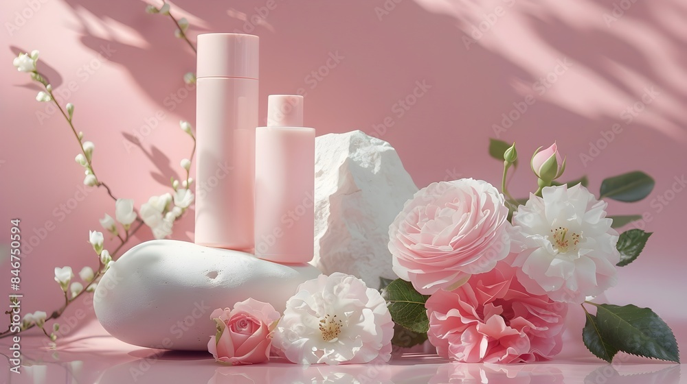 Elegant Floral Skincare Cosmetic Products in Soft Pink Tones Elegant Floral Skincare Cosmetic Products in Soft Pink Tones