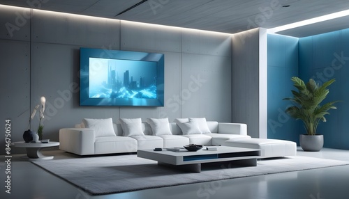 High end modern living room with white leather couch and a large flat screen tv mounted on the wall, brutalist architecture mixed with modern futuristic minimal design