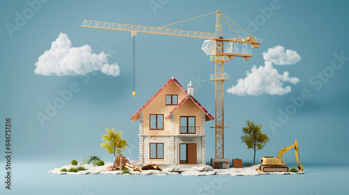 3D illustration construction site with house under construction, crane, various construction equipment, set against a blue background with cloud elements, development and architecture