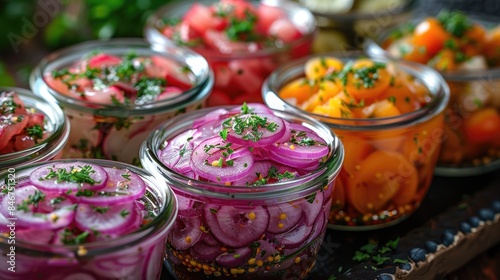 A variety of pickled vegetables, including red onions, tomatoes, and cucumbers.
