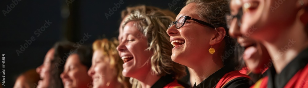 Group of diverse women singing passionately during a choir performance on stage, expressing joy and unity through music. Group of diverse women singing passionately during a choir performance on stage, expressing joy and unity through music.