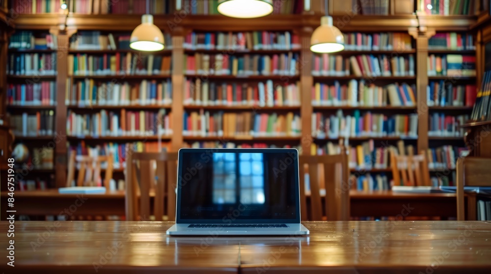 Photo of bookshelves and laptop placed on library table E-learning and digital technology classes e-book Photo of bookshelves and laptop placed on library table E-learning and digital technology classes e-book