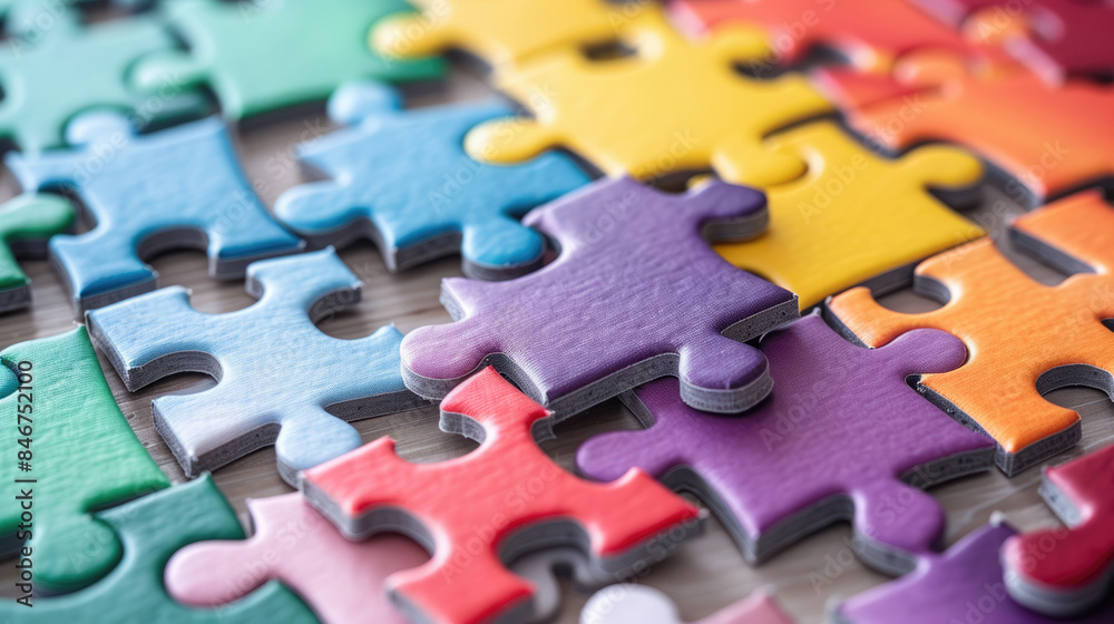 A close-up of a colorful puzzle with one purple piece lifted up. A close-up of a colorful puzzle with one purple piece lifted up.