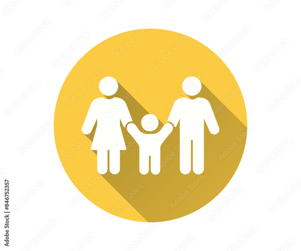 Complete family icon, vector flat design with long shadow. Features two parents and a child holding hands, encapsulated within a yellow circle.