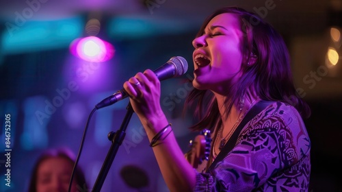 A passionate female singer performing on stage under vibrant lighting, exuding emotion and energy.