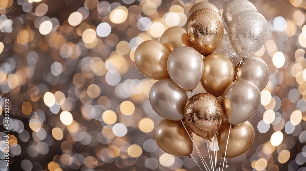 A bunch of gold and silver balloons are floating in the air A bunch of gold and silver balloons are floating in the air