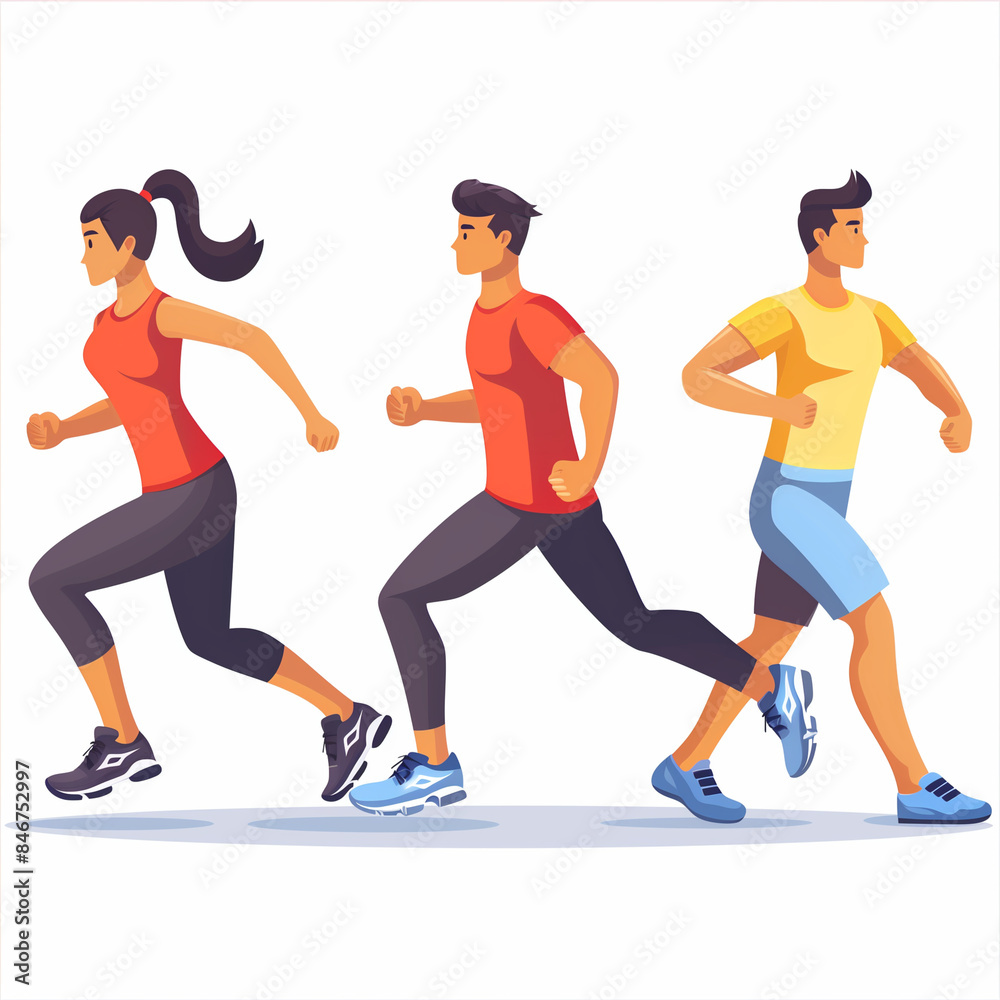 Three people running in a race. The man in the yellow shirt is in the middle. The woman in the red shirt is on the left Three people running in a race. The man in the yellow shirt is in the middle. The woman in the red shirt is on the left