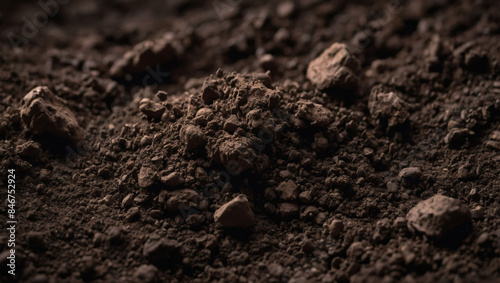 Dark, high-contrast soil texture background. Earthy detail.